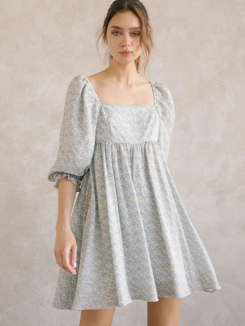 Storia Babydoll Light Blue Floral Square-Neck Puff Sleeve Dress